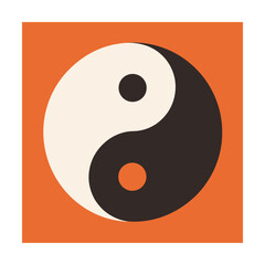 Yin and yang symbol depicted in simplified shapes against a textured orange background