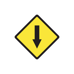 High-quality vector illustration of a yellow diamond-shaped traffic warning sign with a bold black downward arrow. Commonly used to indicate a downhill slope or caution for road grade changes. 