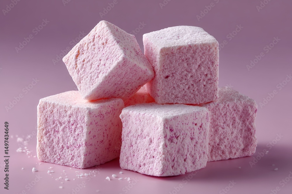 Poster soft pink marshmallows stacked together on a simple light background creating a playful dessert arra