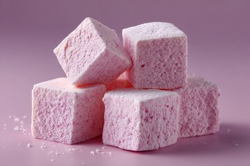 Soft pink marshmallows stacked together on a simple light background creating a playful dessert arrangement