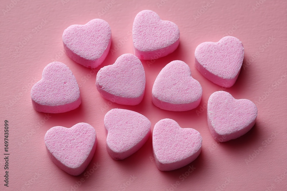 Poster pink heart-shaped candies arranged on a soft pink background create a charming and sweet visual disp