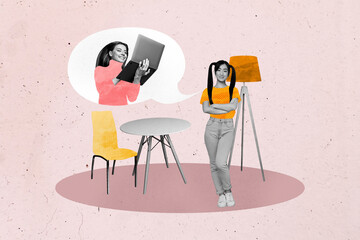 Banner full 3d photo image collage of two happy girls hold laptop bubble communication freelancer...
