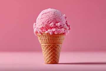 Pink ice cream in a waffle cone against a pastel background delights the senses and evokes summer nostalgia
