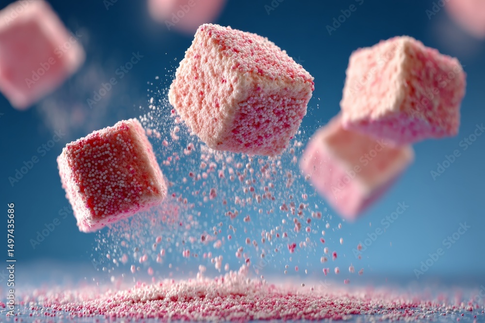 Poster floating pink sugar cubes create a mesmerizing illusion of sweetness in a vibrant setting
