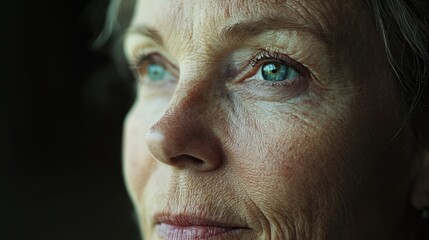 A senior woman's face with wrinkles that tell a story, softly lit.