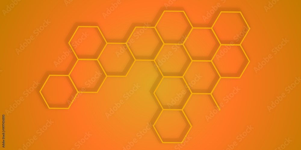 Poster honeycomb pattern neon gradient background orange.