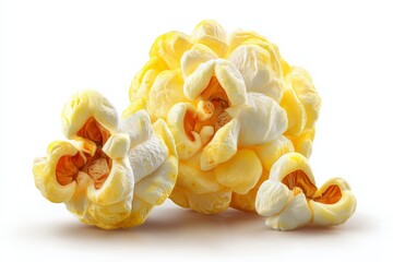 Freshly popped kernels of popcorn on a clean white background providing a delicious snack option