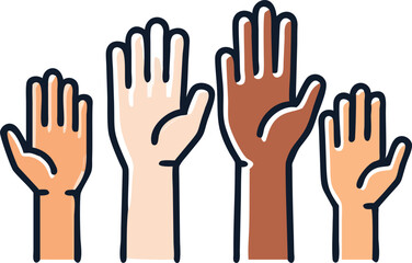 Three stylized hands raised high in a celebratory gesture, depicted with bold red outlines and a dynamic, hand-drawn style against a white background.