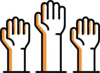 Three stylized hands raised high in a celebratory gesture, depicted with bold red outlines and a dynamic, hand-drawn style against a white background.