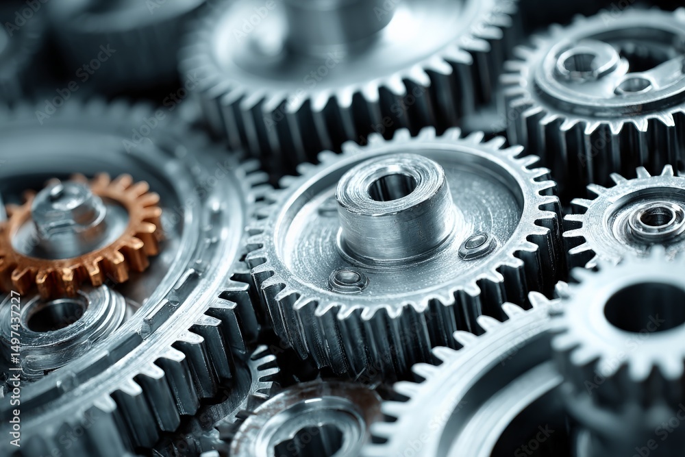 Poster intricate arrangement of metallic gears showcasing engineering precision and design intricacies in m