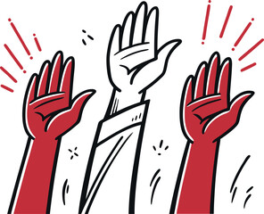Three stylized hands raised high in a celebratory gesture, depicted with bold red outlines and a dynamic, hand-drawn style against a white background.