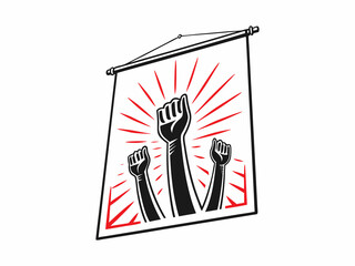 Three stylized hands raised high in a celebratory gesture, depicted with bold red outlines and a dynamic, hand-drawn style against a white background.