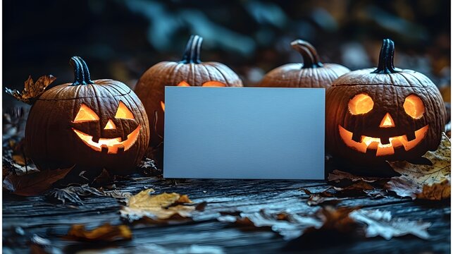 Carved Halloween pumpkins and a blank gift card on a rustic wooden surface