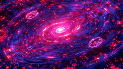 Obraz premium A glowing, digital spiral galaxy with vibrant pink and purple lights, surrounded by abstract tech-inspired patterns, evokes a futuristic cosmic scene.