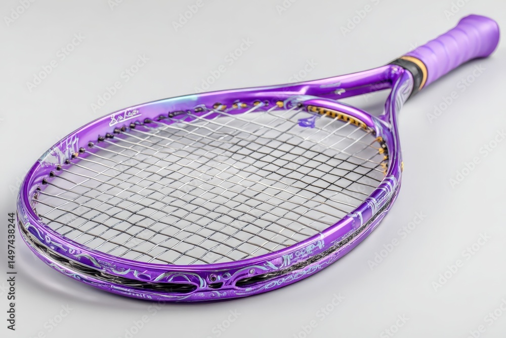 Poster purple tennis racket resting on a smooth surface with intricate designs and modern grip captured in 