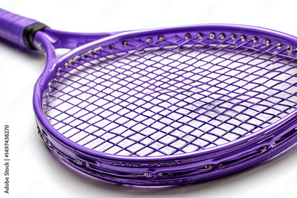 Poster tennis racket with vibrant purple frame and intricate string pattern captures the essence of a summe