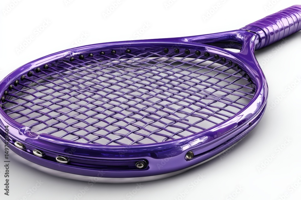 Poster purple tennis racket with detailed strings and grip on a white background showcasing its vibrant des