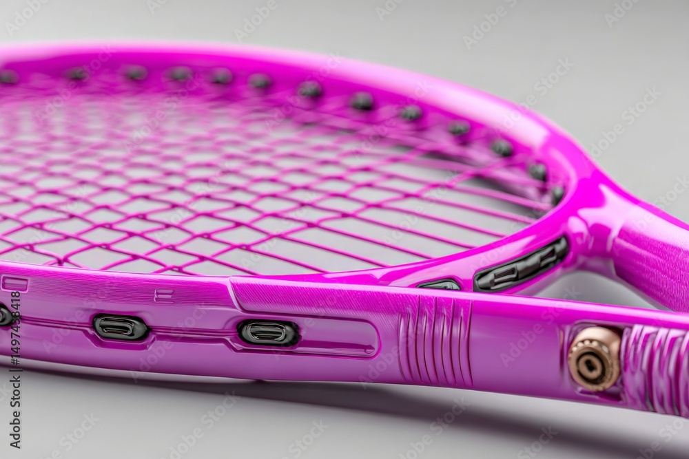 Poster bright pink tennis racket with intricate string design highlighted against a simple background