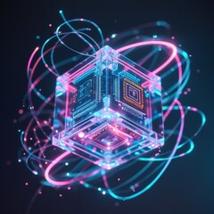 Fototapeta premium A transparent cube in mid-air, surrounded by neon-colored wires, circuits, and microchips, radiates cutting-edge technology. Vires create a futuristic ambiance with soft blue-ish luminescence.