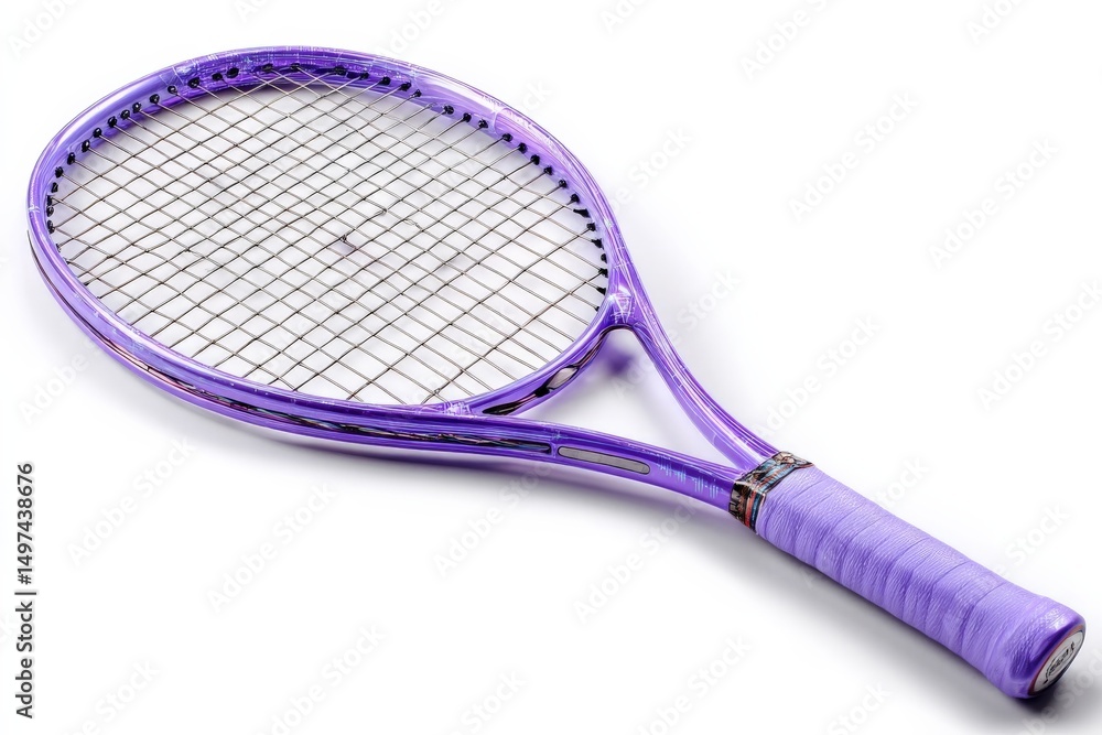Poster purple tennis racket displayed on a clean surface showcasing its unique design and vibrant color sui
