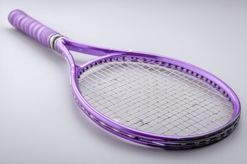 Tennis racket displayed on a neutral background highlighting vibrant purple color and detailed string pattern ideal for sports enthusiasts