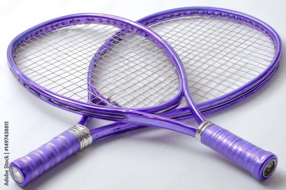 Poster purple tennis rackets placed side by side on a white background ready for a game or practice session