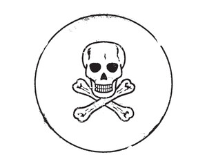 Grunge circular seal with Jolly Roger skull and crossbones, vintage pirate emblem, gothic stamp design, distressed retro badge, outlaw symbol.