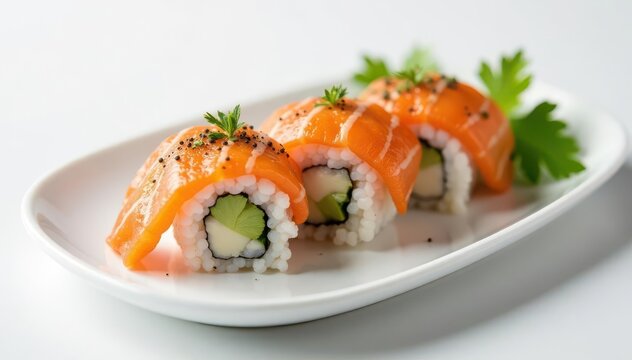 Elegant sushi arrangement on white, minimalist setting , ginger, simple, tempura