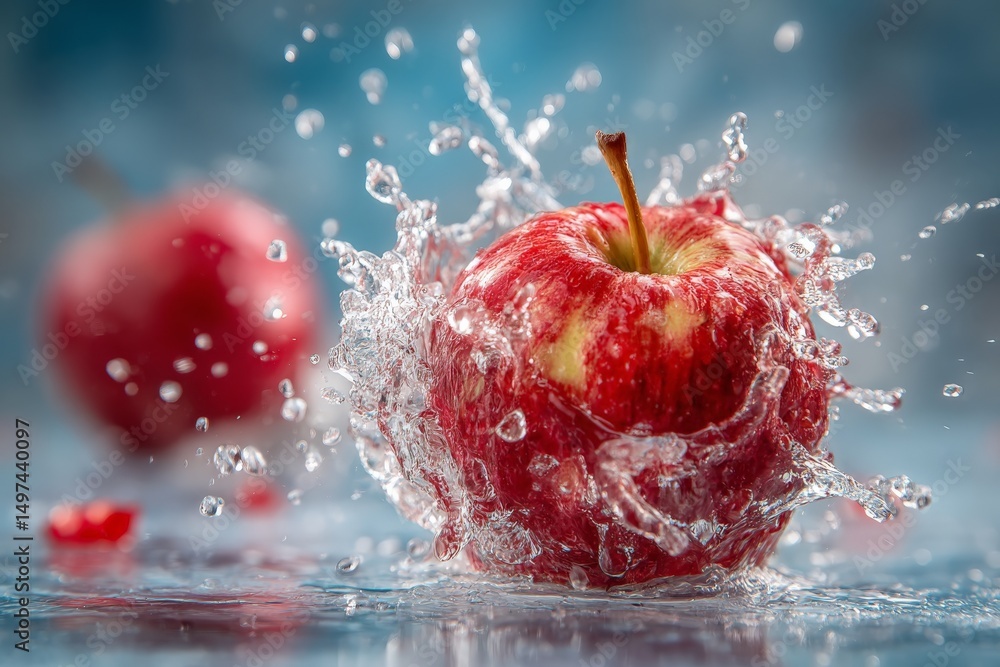 Poster fresh red apples splashing in water against a blurred background creating a vibrant and refreshing m