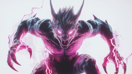 Fototapeta premium A monstrous werewolf figure, glowing with pink electric energy, charges forward