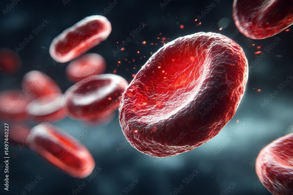 Poster exploring red blood cells in dynamic movement within the human bloodstream highlighted by a dark bac