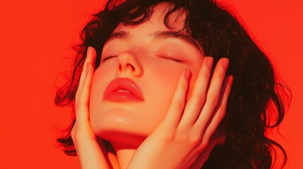 Fototapeta premium Serene Woman Red Background Closed Eyes Hands on Face Curly Hair