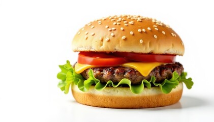 Isolated hamburger on white, sesame seeds visible, culinary, food
