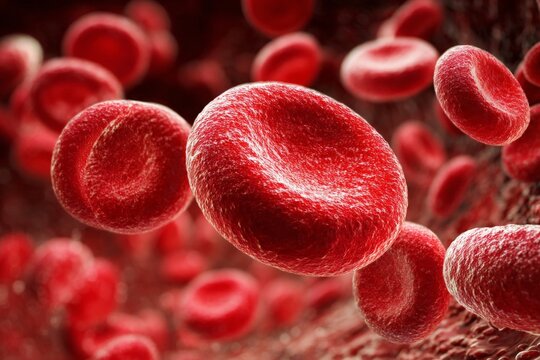Detailed view of red blood cells flowing in the bloodstream revealing their structure and movement under microscopic conditions - Powered by Adobe