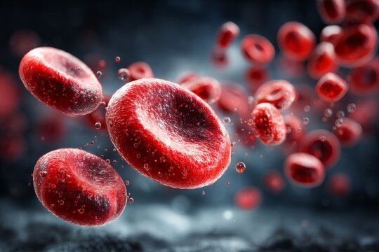 Red blood cells in motion, showcasing their structure and movement through a dark background