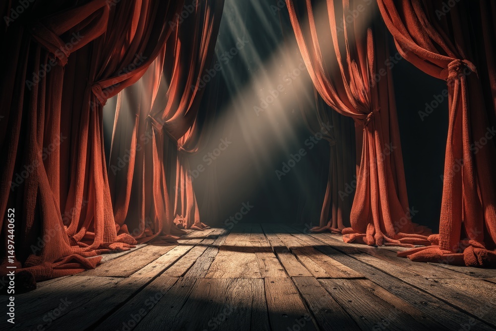 Poster stage illuminated by soft beams of light with red curtains ready for a performance at a theater
