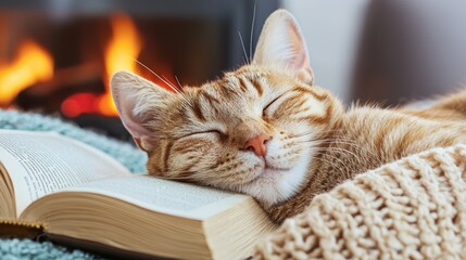 Obraz premium Cozy Cat Napping on Book by Fireplace