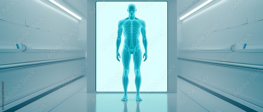 Poster a digital human body scan with visible skeletal and nervous systems displayed in a futuristic, high-