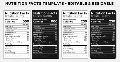 Nutrition Facts Template. Supplement Label. Nutrition Information Template Design for Food Content. Complete Editable information Table for Carbohydrates, Proteins, Fats, Vitamins, Minerals, etc.