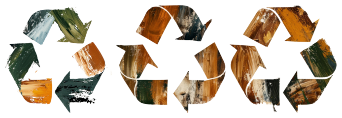 PNG Three painted recycling symbols in earthy tones element set on transparent background.