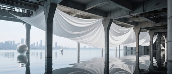 Obraz premium White fabric draped under a bridge with a city skyline in the background