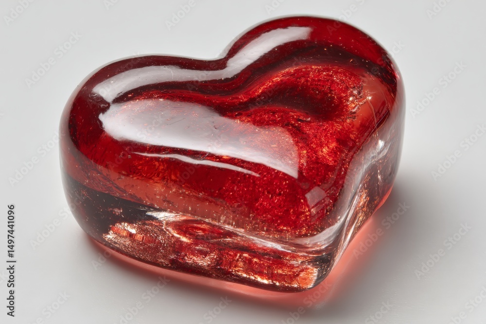 Aufkleber heart-shaped red resin object with a glossy finish and shimmering details resting on a neutral backg
