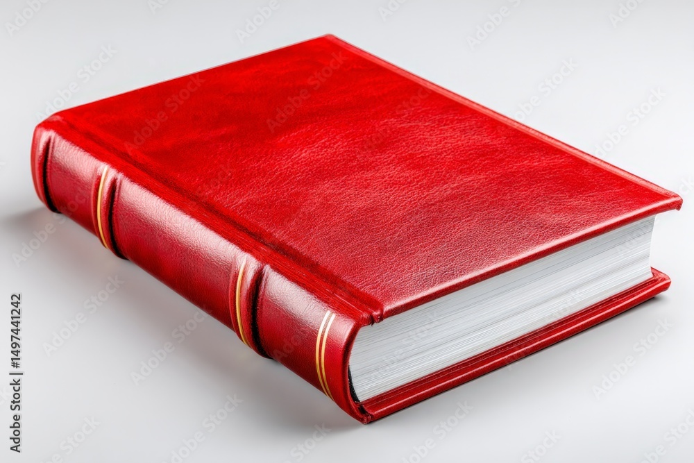 Poster elegant red hardcover book resting on a smooth surface with a soft focus background highlighting its