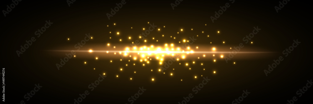 Poster golden light burst with sparkling particles. glowing glitter effect on dark background. horizontal f