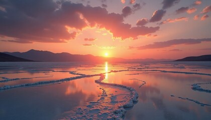 Fototapeta premium A breathtaking sunset paints the sky in vibrant hues reflected on a tranquil salt flat landscape