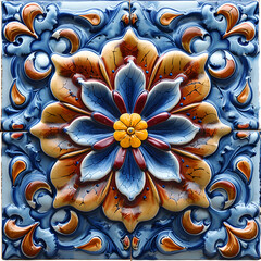 Ornate Ceramic Tile with Embossed Floral Design – Colorful Vintage Decorative Pattern

