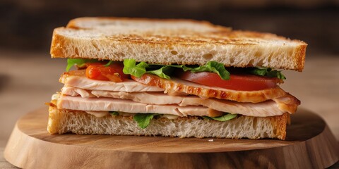A sandwich with lettuce and tomato on a wooden cutting board. The sandwich is cut in half and he is a turkey sandwich