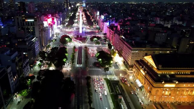 Obelisk Monument In Buenos Aires Argentina. Capturing The Hustle And Bustle Of A Vibrant City From Above. Night Expressway Downtown Cityscape. Night Panorama. Night Cities Of The World.