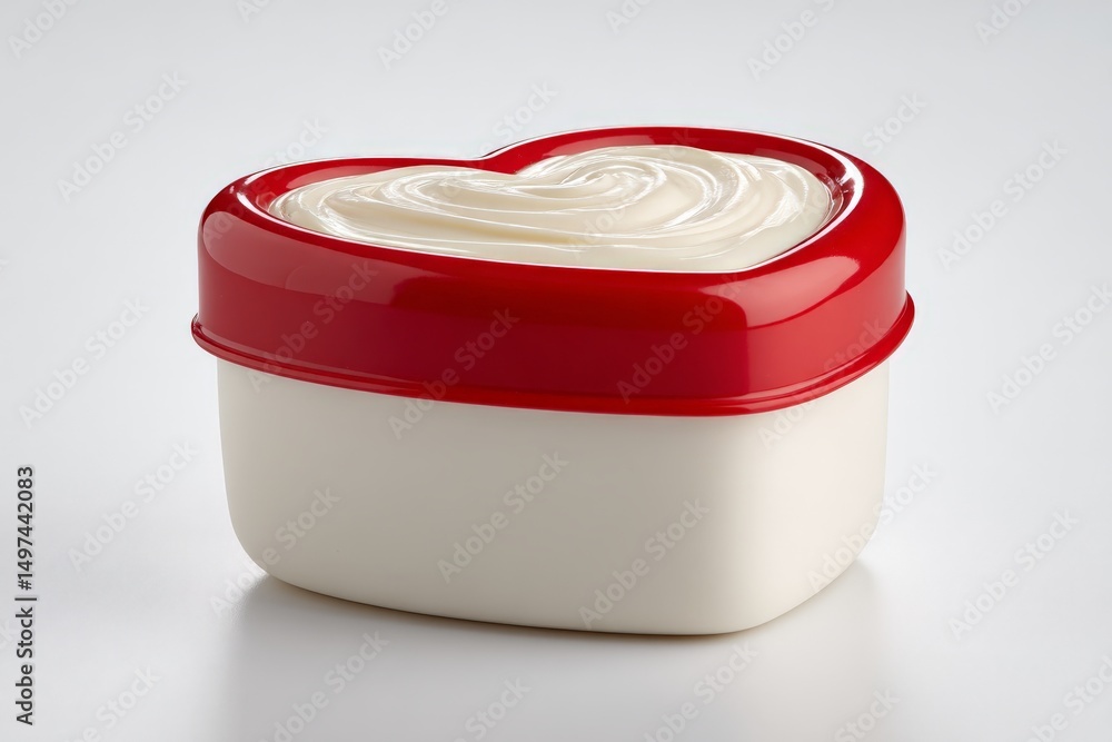 Poster creamy white spread in a heart-shaped container with a red lid placed on a neutral background