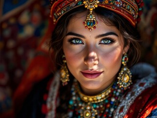 Fototapeta premium Portrait of a Turkmen Turkmenian young woman in a traditional gown smiling in camera